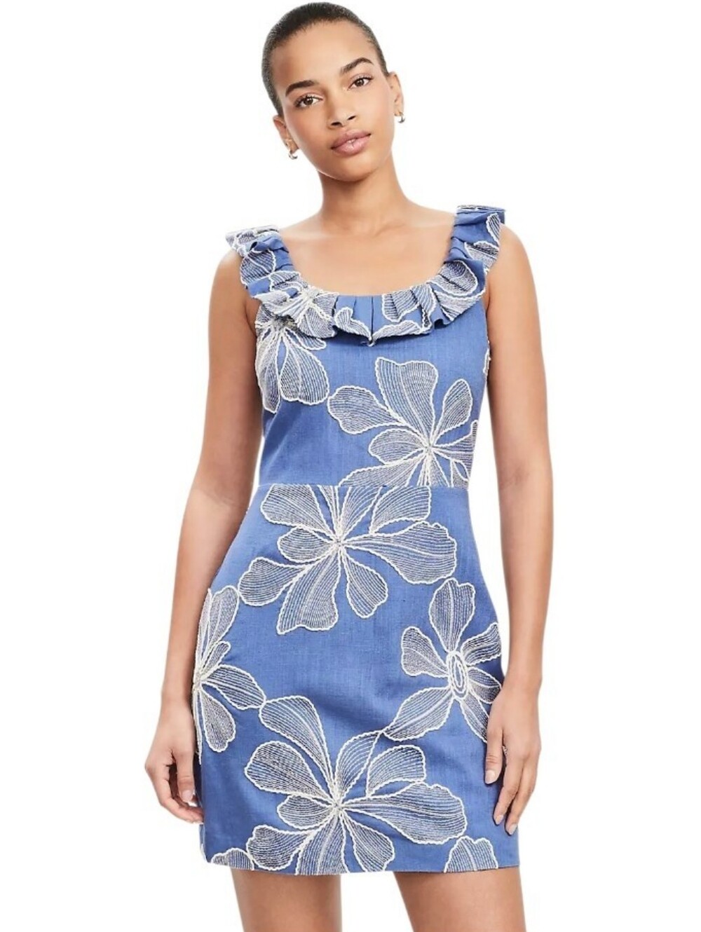 LOFT Embroidered Floral Ruffle Neck Midi Dress